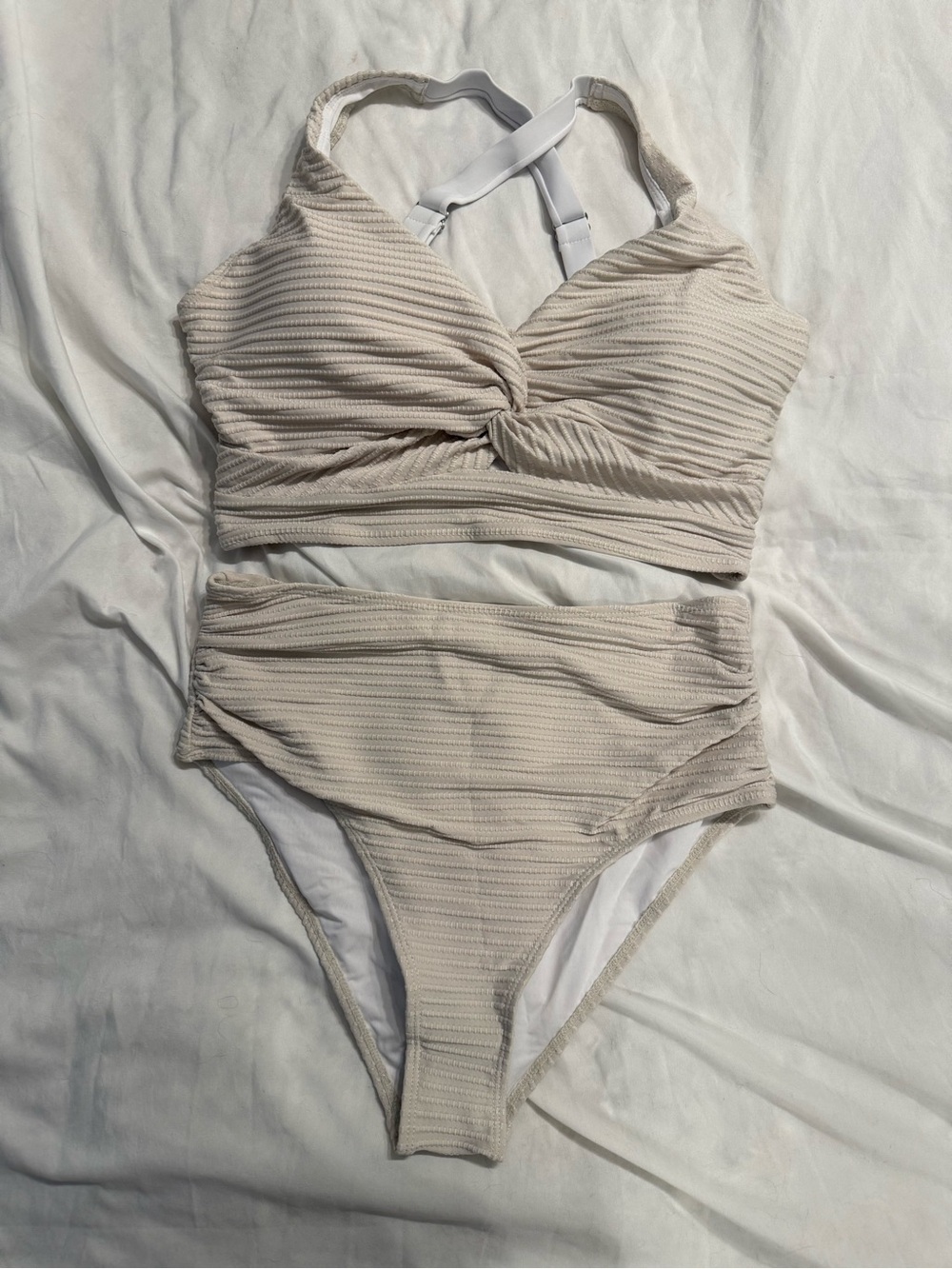 NWOT Twist Front Ribbed Bikini Set in Light Beige High Support Top